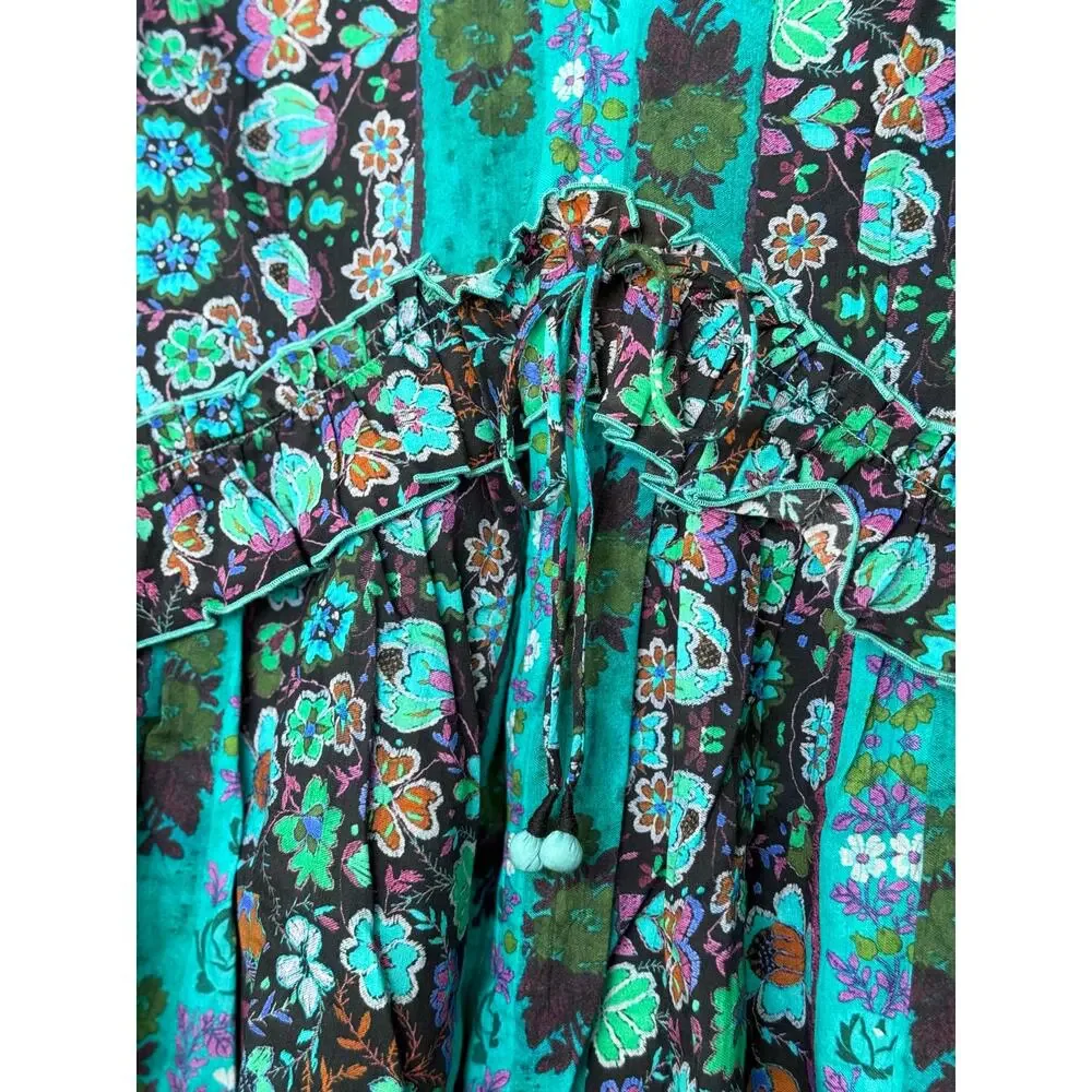 NWT Ro's Garden Jerez Long Sleeve Floral Mini Boho Dress Yeshi Aqua Teal XS - Picture 3 of 5